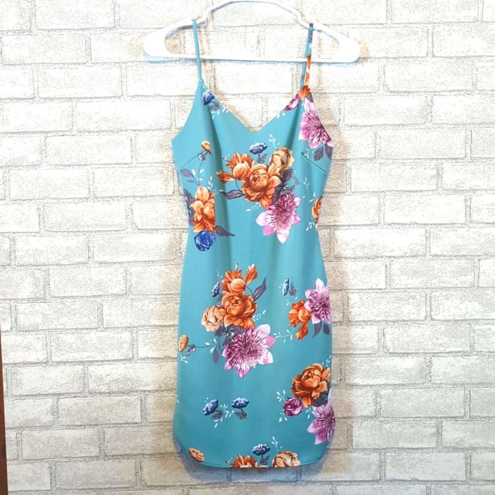 Blue Blush Teal Floral Slip Dress, Size Medium